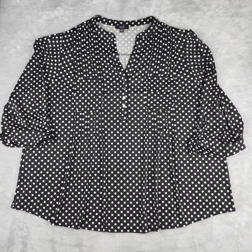 Cocomo Top Womens 3X Polka Dot 3/4 Roll Tab Sleeve Slinky V Neck Blouse Popover